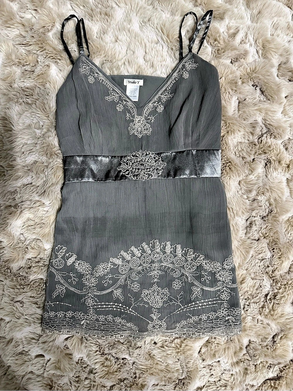Y2K Studio Y Gray Sage Green Floral Embroidered Babydoll Top